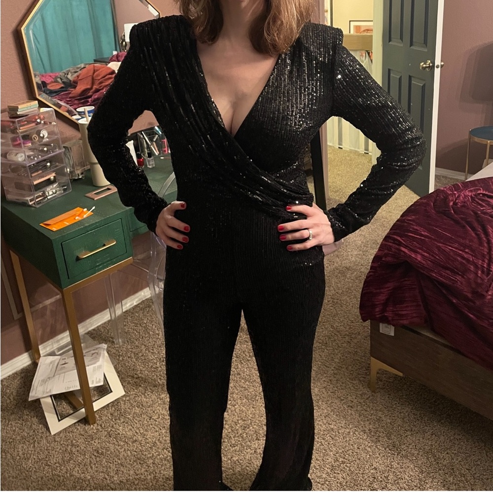 black sequin bootcut jumpsuit